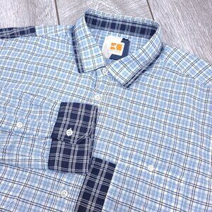 Hugo Boss Shirt Mens XXL Blue Plaid Patchwork Button Long Sleeve Preppy Top